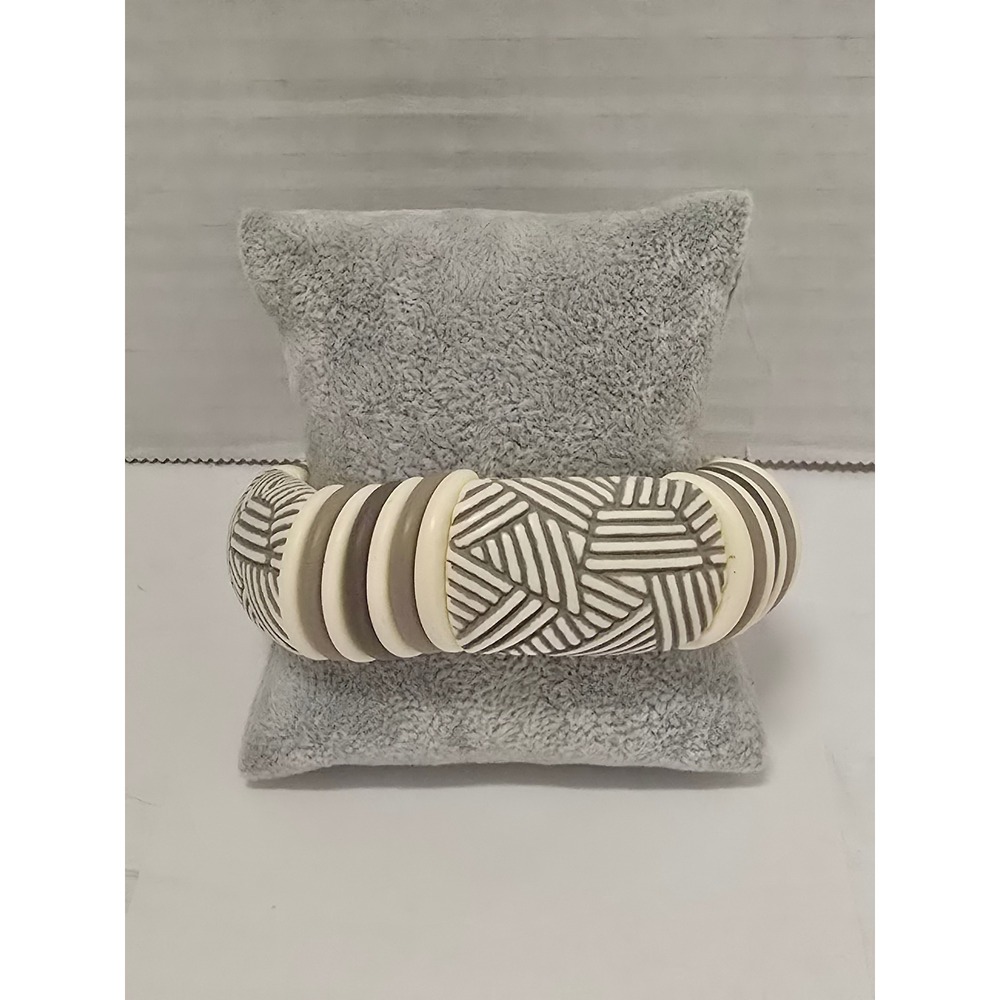 Vintage Polymer Clay Geometric Tribal Stretch Bracelet Cream Taupe Neutral Boho